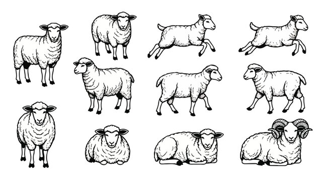 A set of black and white line drawings of sheep in various poses on a plain white background.