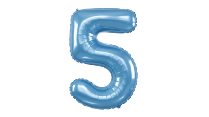 Light blue number 5 balloon isolated PNG on transparent background, festive party decoration for birthday celebration and anniversary
