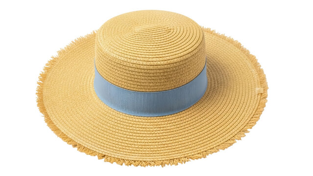 Elegant straw boater hat with blue ribbon isolated PNG, stylish summer sun hat for women on transparent background, fashion accessory