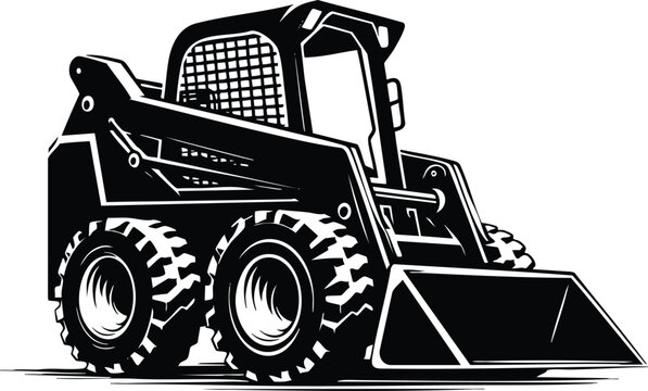 Black skid steer loader illustration heavy construction equipment with bucket and wheels isolated on white background for industrial design