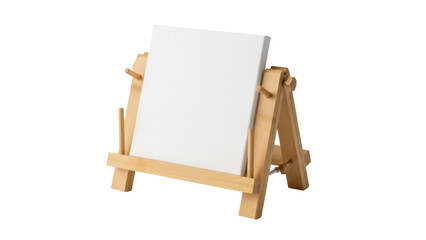 Small wooden easel with blank canvas isolated PNG, miniature artist s stand for painting and display on transparent background