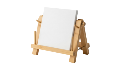 Small wooden easel with blank canvas isolated PNG, miniature artist s stand for painting and display on transparent background