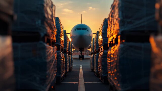 Loading Bay With Aircraft Framed By Pallet Stacks During Dusk Light