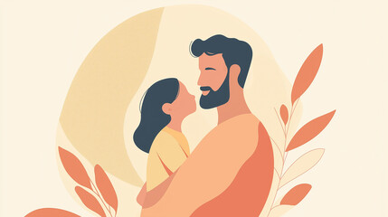Illustration of a father holding his child with warm colors and simple design