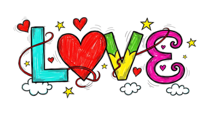 Colorful hand drawn love word with hearts and stars isolated on transparent background