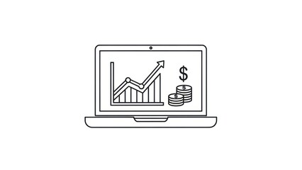 Laptop displaying financial growth chart and currency symbol in grayscale