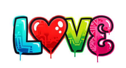 Graffiti style word love with a heart symbol isolated on transparent background