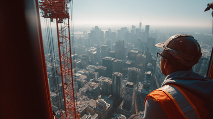 A man in an orange vest is looking out over a city