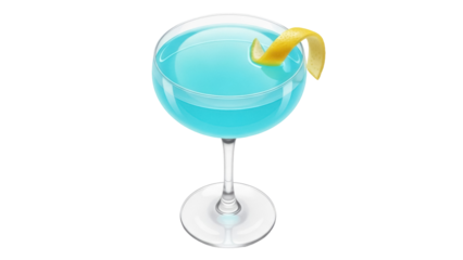 Blue lagoon cocktail PNG isolated on transparent background, refreshing alcoholic drink with lemon twist garnish for summer party