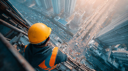 A man in a yellow hard hat is looking down at a city