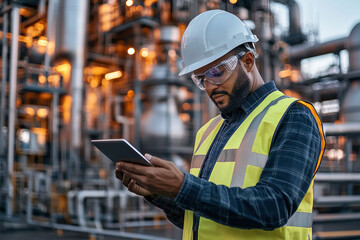 An oil refinery in the evening. An engineer checks documents describing the quality of the petroleum products being produced.