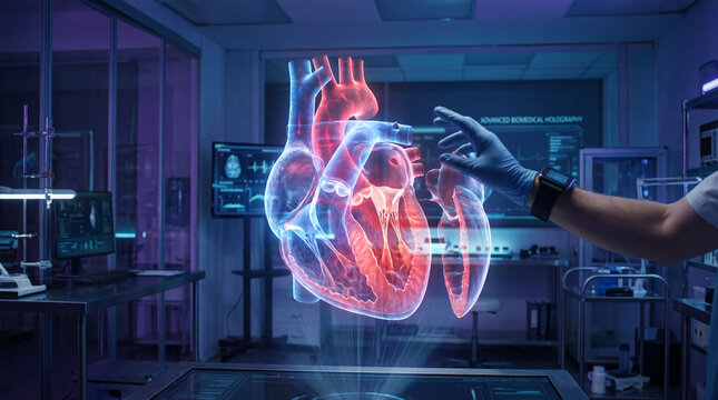 Holographic human heart model in medical lab with technician examining floating cardiac anatomy, futuristic diagnostic and emotional awe