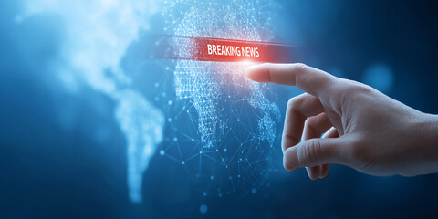 Hand touching a holographic BREAKING NEWS bar over a digital world map, symbolizing urgent global information and instant updates