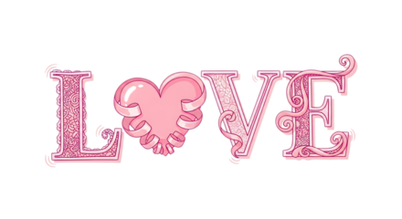 Pink decorative love text with heart isolated on transparent background