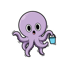 Obraz premium Surprised Cute Purple Octopus Character Holding a Small Blue Bucket with Tentacles Isolated on White Background for Marine Life Education