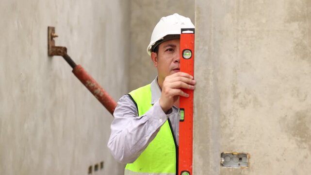 measurement horizontal deviation of construction. Balance Bubble level ruler, Tools equipment building and engineering. Civil engineer Asian man in safety hard hat helmet working at construction site