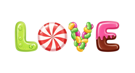 The word love spelled out with colorful candies isolated on transparent background