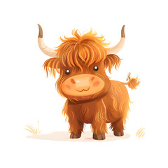 Fluffy cartoon Highland calf standing with adorable face and playful expression on white background
