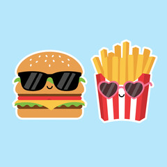 Fast food duo of a burger and french fries characters wearing stylish sunglasses on blue background, fun junk food illustration for menu design