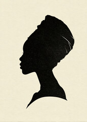 Vintage silhouette portrait of elegant woman with headwrap on aged paper background
