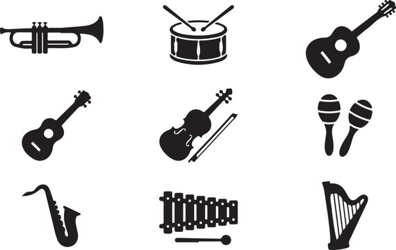Set of silhouettes of musical instruments, musical instruments, musical instrument silhouette vector, music instrument solid icon, musical Instruments silhouette illustration