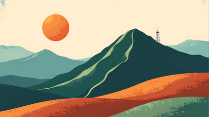 Minimal Mountain Landscape with Sun and Rolling Hills
