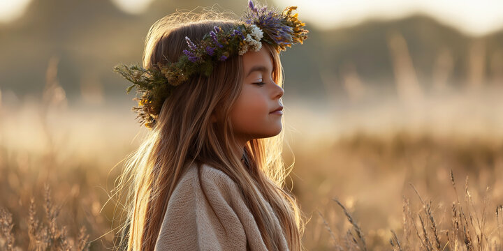Peaceful child feeling gentle warmth of sundown, wearing natural flower wreath, connecting with nature and inner calm
