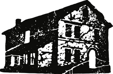 Distressed grunge illustration of an old two story building with multiple windows and an entrance