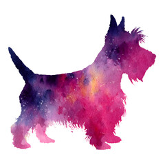 Scottish Terrier dog silhouette in vibrant pink and purple galaxy-style watercolor painting
