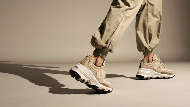 Low-angle video shot of a person walking in stylish beige sneakers and khaki pants, casting a shadow on a neutral background.
