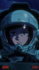 Anime-style astronaut piloting spacecraft at night with intense expression and space background
