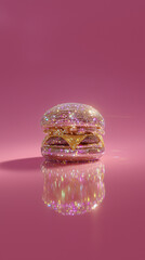 Fantasy glitter burger with pink sparkles and golden cheese on glossy reflective background
