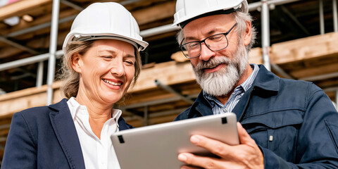 Mature engineers reviewing blueprints and data on a tablet, collaborating during on site inspection for development project