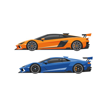Two high performance luxury sports cars in orange and blue, modern aerodynamic racing vehicles side view, automotive transportation illustration