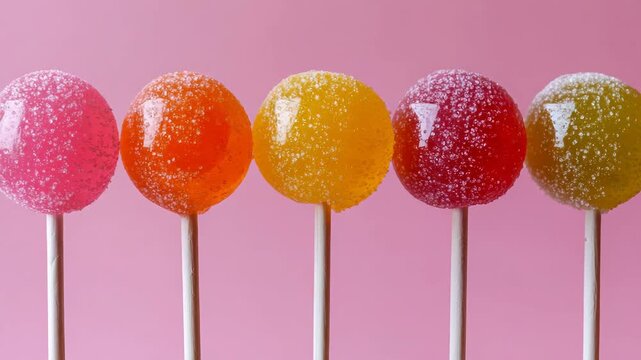 Colorful lollipops arranged in a line on a pink background during a fun candy display