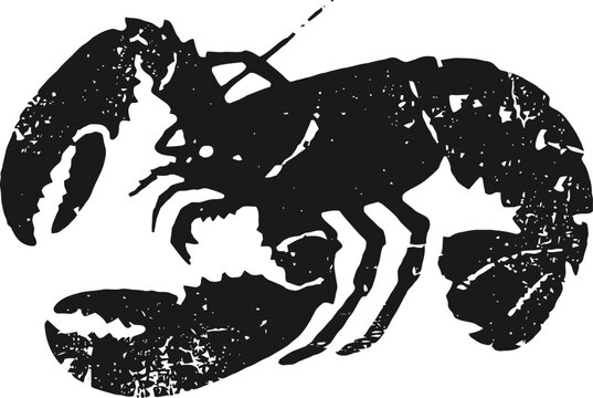 Black lobster silhouette with distressed vintage texture isolated on white background