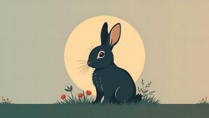 Cute Rabbit Sitting Under Moonlight Illustration