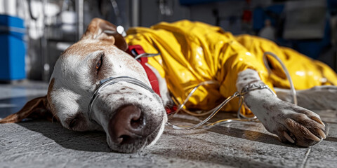 Dog receiving anesthesia in recovery room, undergoing veterinary medical examination, animal healthcare concept