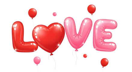 Red and pink love heart and letter balloons isolated on transparent background