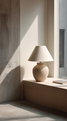 Minimalist interior with ceramic table lamp by window in natural light and modern neutral decor

