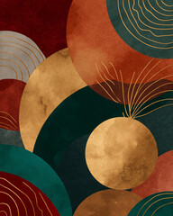 Modern abstract geometric artwork with earthy tones, golden textures, and bold circular shapes
