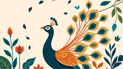 Decorative Peacock Illustration with Floral Elements