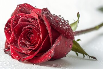 Vibrant red rose with dew drops, isolated on white background