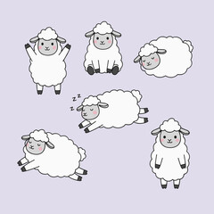 Adorable White Sheep Characters in Various Poses and Sleeping Scenes with Soft Wool Texture for Farm Animal and Sleep Concept Illustrations