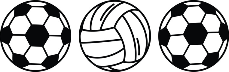 Fototapeta premium Dynamic black and white vector icons featuring a classic soccer ball and a traditional volleyball, perfect for sports design projects and athletic themes