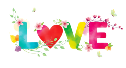 Colorful watercolor word love with flowers and butterflies isolated on transparent background