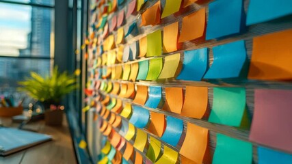 Colorful sticky notes fill a wall in a bright office space during the late afternoon hours