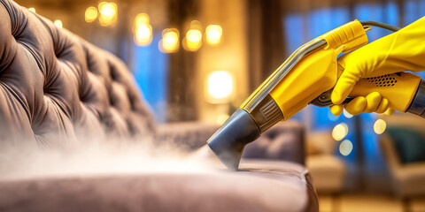 Professional steam cleaning service deeply cleaning sofa upholstery, ensuring hygiene and freshness in home environment