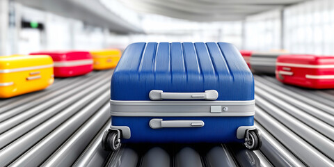 Blue hardshell suitcase circulating on airport baggage claim conveyor belt, representing travel and holiday departures