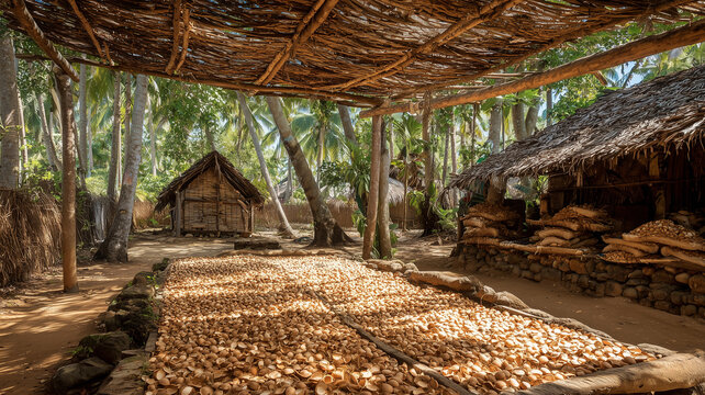 The process of drying copra by drying the coconut flesh in the sun.
